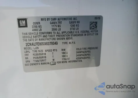 2010 Chevrolet Equinox Ltz из США, поврежденный, VIN 2CNALFEWXA6378049